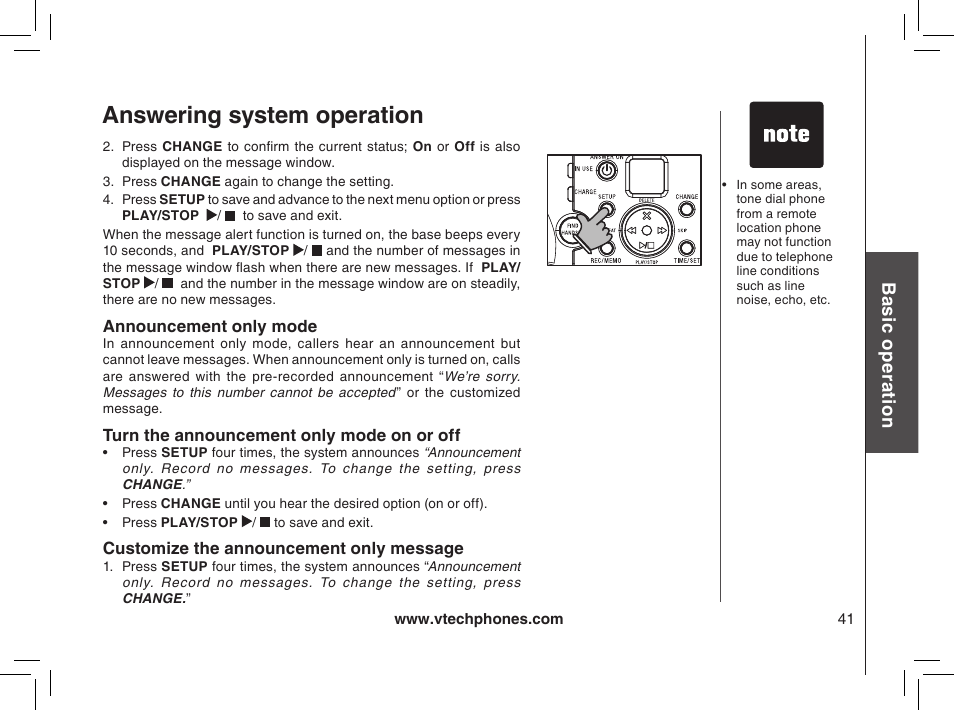 Announcement only mode, Turn the announcement only mode on or off, Customize the announcement only message | Answering system operation, Bas ic o pe ra tio n | VTech MI6895 User Manual | Page 41 / 63