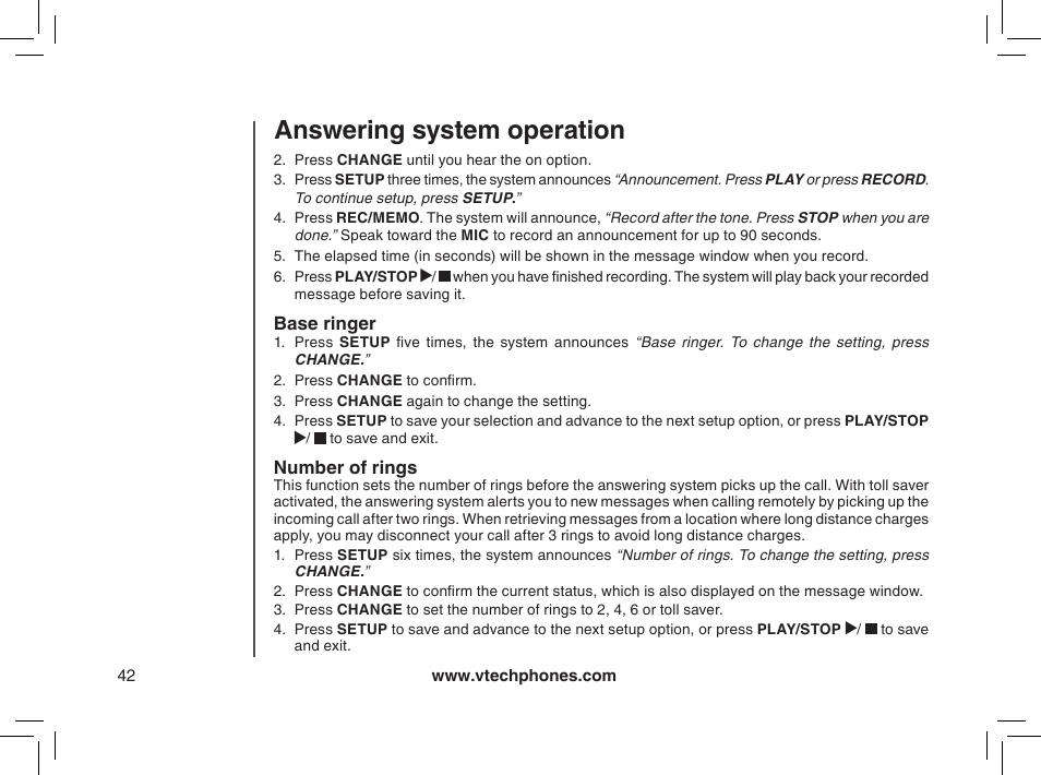 Base ringer, Number of rings, Answering system operation | VTech MI6895 User Manual | Page 42 / 63