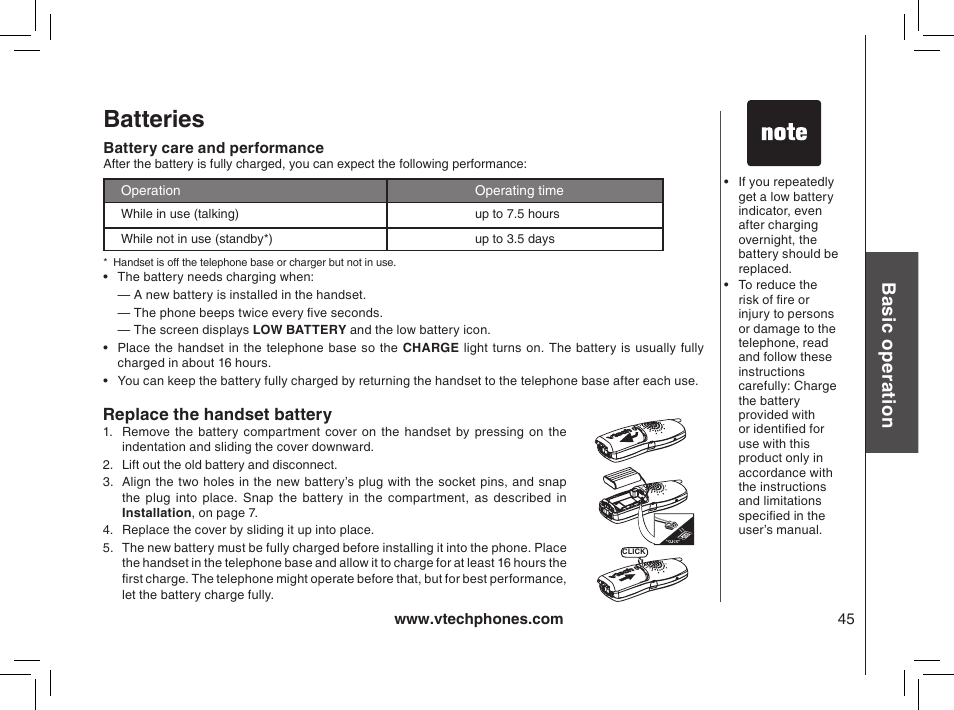 Batteries, Battery care and performance, Replace the handset battery | Bas ic o pe ra tio n | VTech MI6895 User Manual | Page 45 / 63