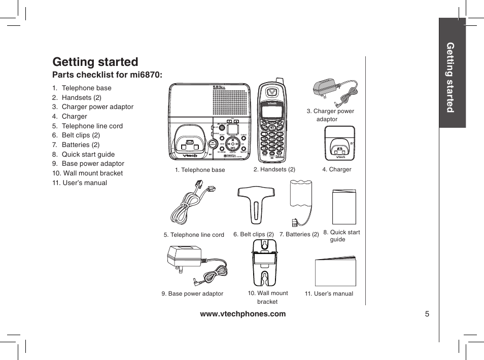 Parts check list for mi6870, Getting started, Gett in g s ta rte d | VTech MI6895 User Manual | Page 5 / 63