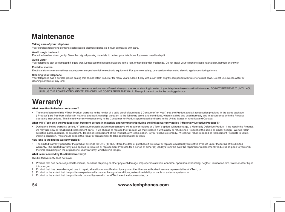 Maintenance, Warranty | VTech MI6895 User Manual | Page 54 / 63