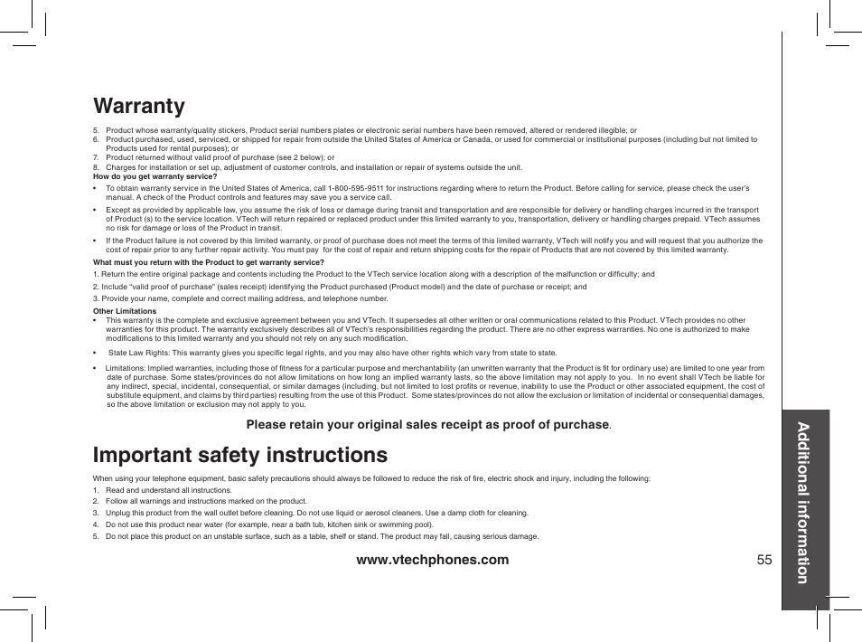 Important safety instructions, Warranty, Additional information | VTech MI6895 User Manual | Page 55 / 63