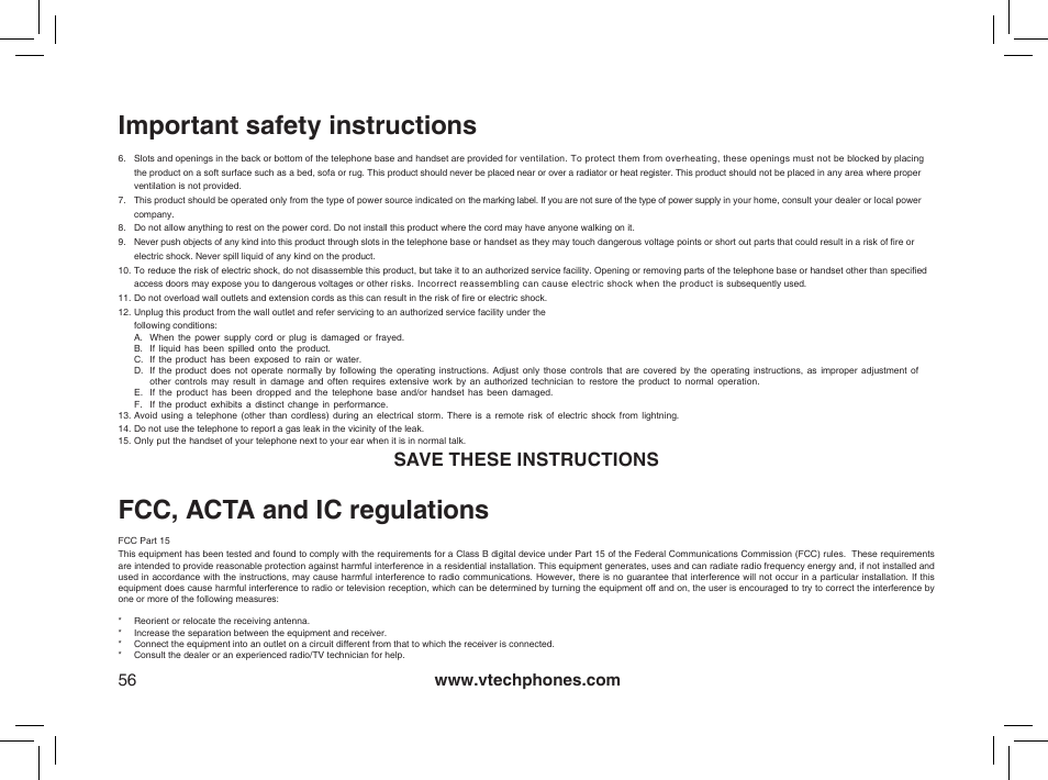 Fcc, acta and ic regulations, Important safety instructions, Save these instructions | VTech MI6895 User Manual | Page 56 / 63