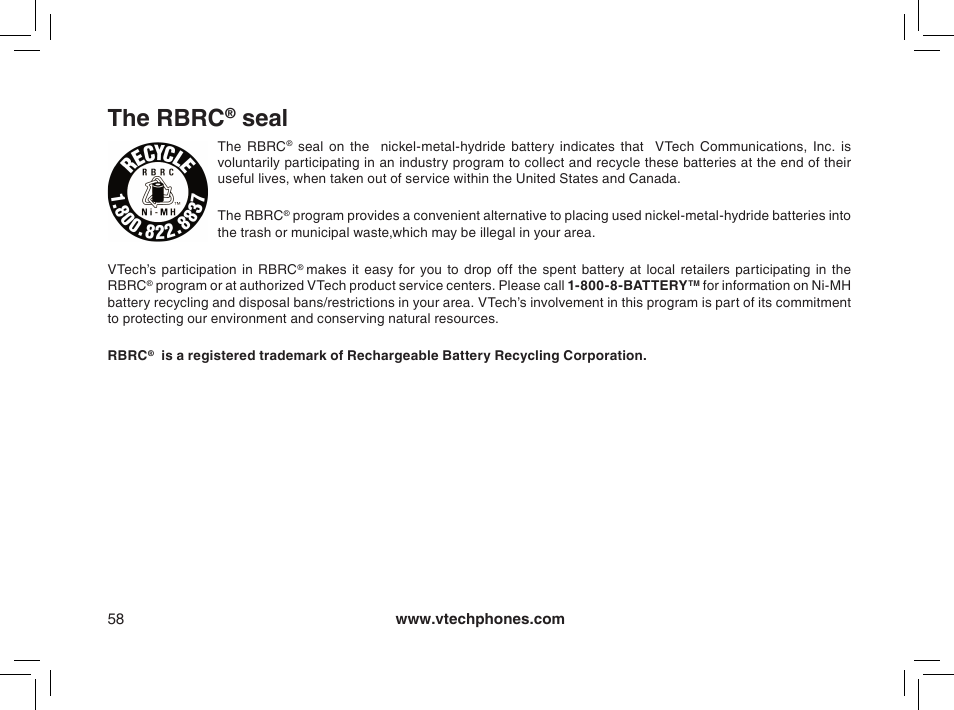 The rbrc® seal, The rbrc, Seal | VTech MI6895 User Manual | Page 58 / 63