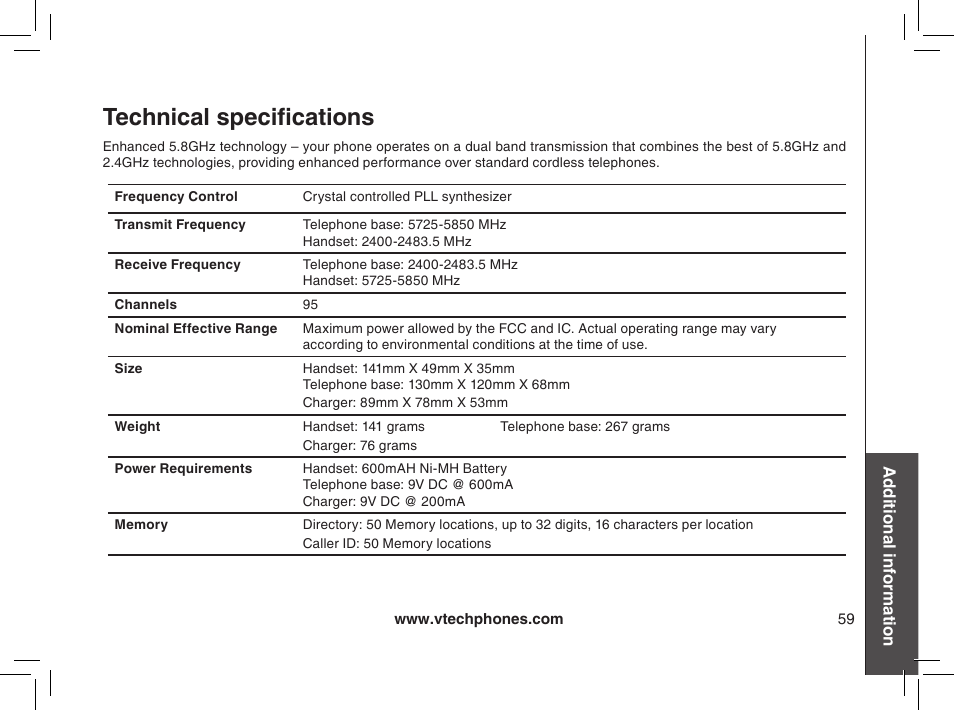 Technical specifications | VTech MI6895 User Manual | Page 59 / 63