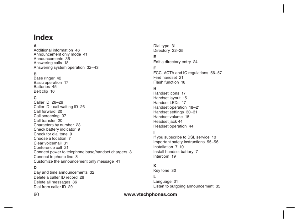 Index | VTech MI6895 User Manual | Page 60 / 63