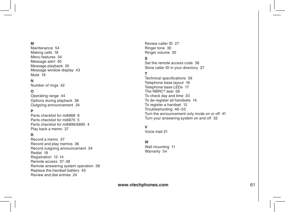 VTech MI6895 User Manual | Page 61 / 63