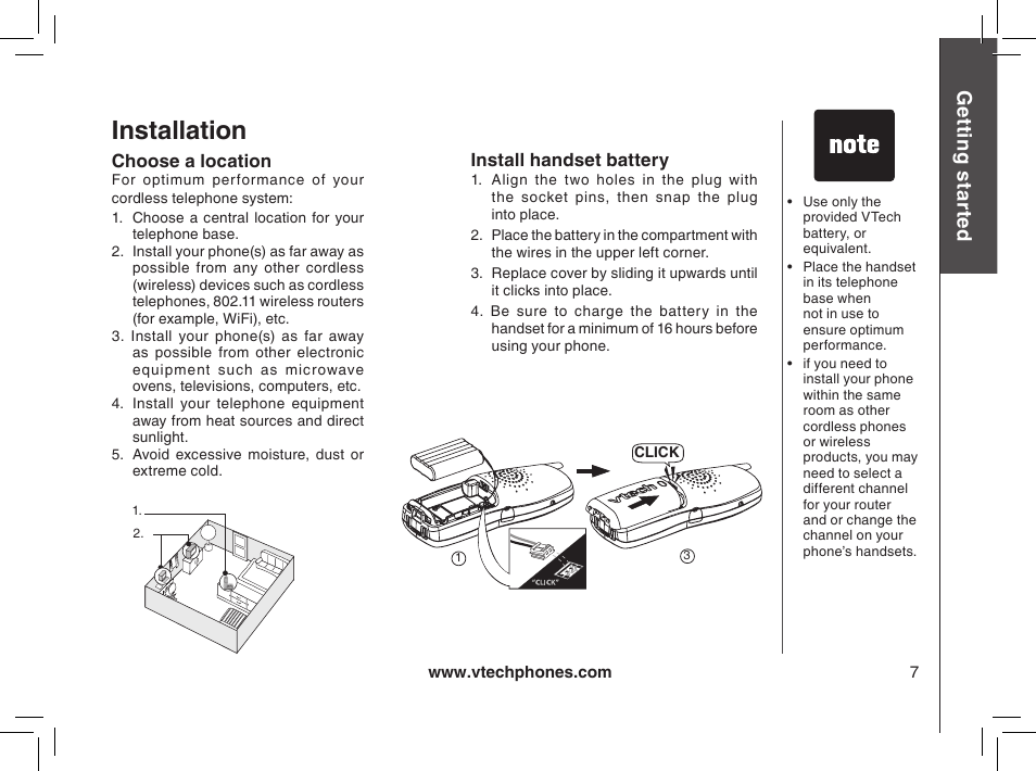 Installation, Choose a location, Install handset battery | Gett in g s ta rte d g ett in g s ta rte d | VTech MI6895 User Manual | Page 7 / 63