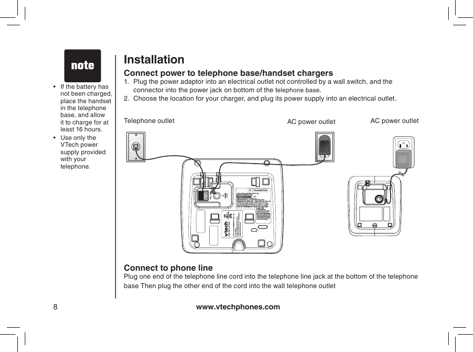 Connect power to telephone base/ handset chargers, Connect to phone line, Installation | Gett in g s ta rte d | VTech MI6895 User Manual | Page 8 / 63