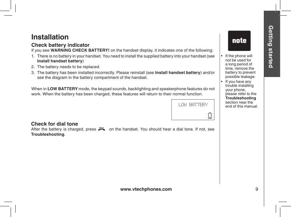 Check battery indicator, Check for dial tone, Installation | VTech MI6895 User Manual | Page 9 / 63