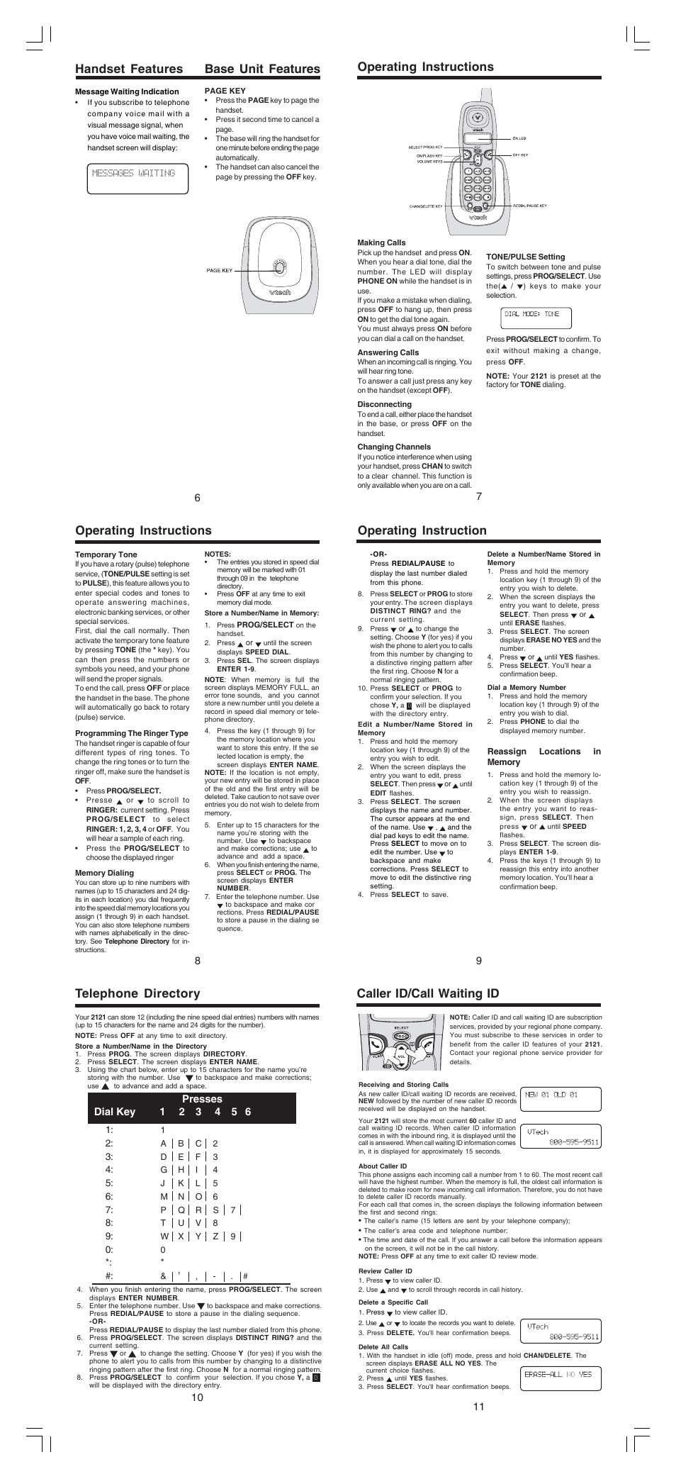 Message waiting indication, Base unit features, Operating instructions | Making calls, Answering calls, Disconnecting, Changing channels, Tone/pulse setting, Temporary tone, Programming the ringer type | VTech 2121 User Manual | Page 2 / 5