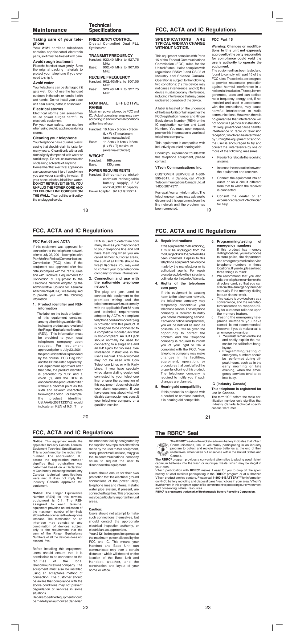 Maintenance, Taking care of your telephone, Avoid rough treatment | Avoid water, Electrical storms, Cleaning your telephone, Technical, Frequency control, Transmit frequency, Receive frequency | VTech 2121 User Manual | Page 4 / 5