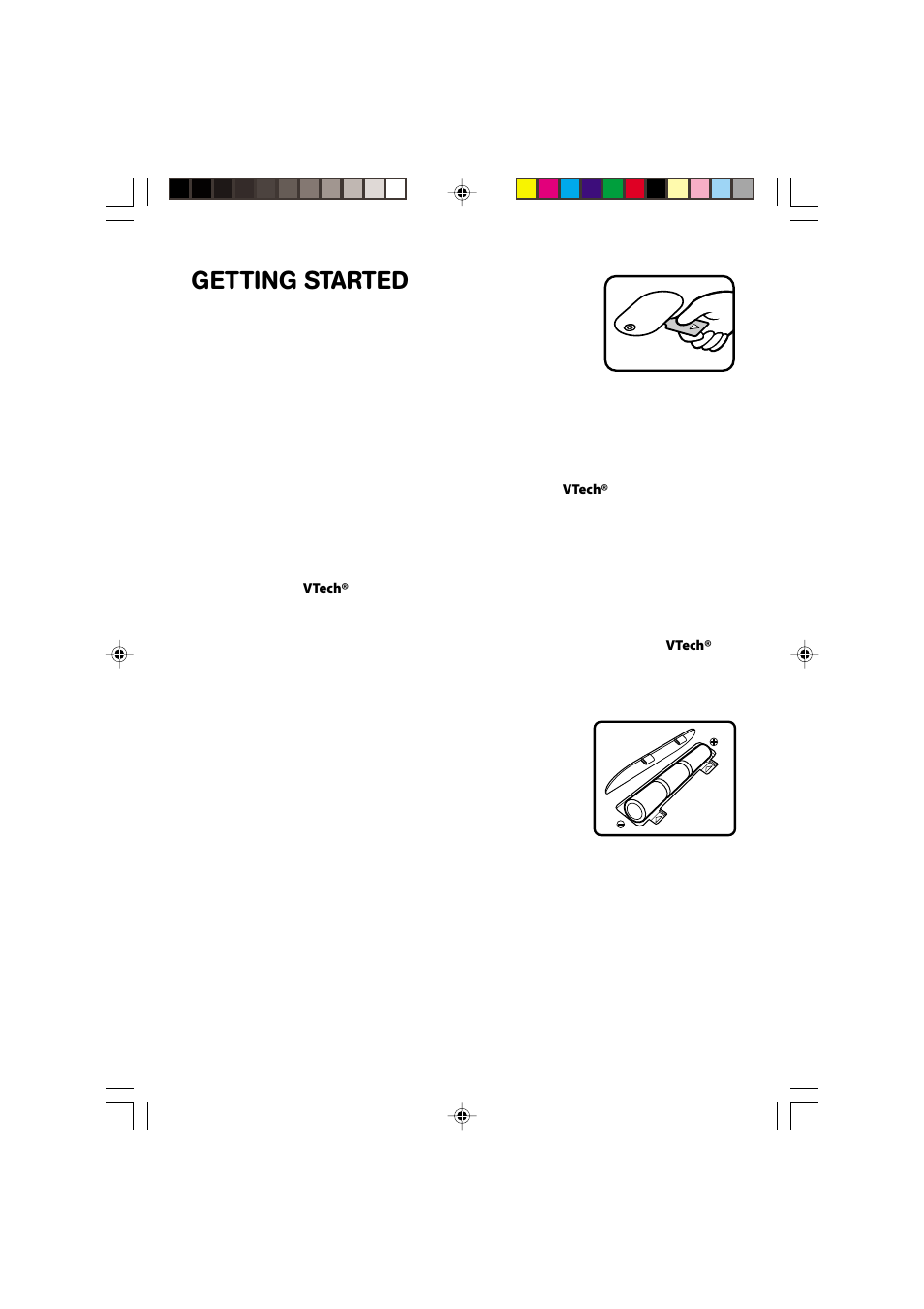 Getting started, Connecting the mouse, Connecting the printer | Power source, Battery installation, Standard for battery toys | VTech SkillStarter Notebook User Manual | Page 7 / 26