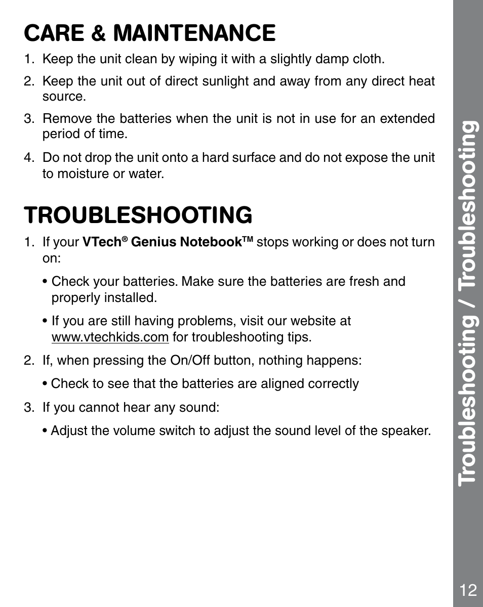 Care & maintenance, Troubleshooting, Tr oubleshooting / t roubleshooting | VTech 91-02241-000 User Manual | Page 13 / 15