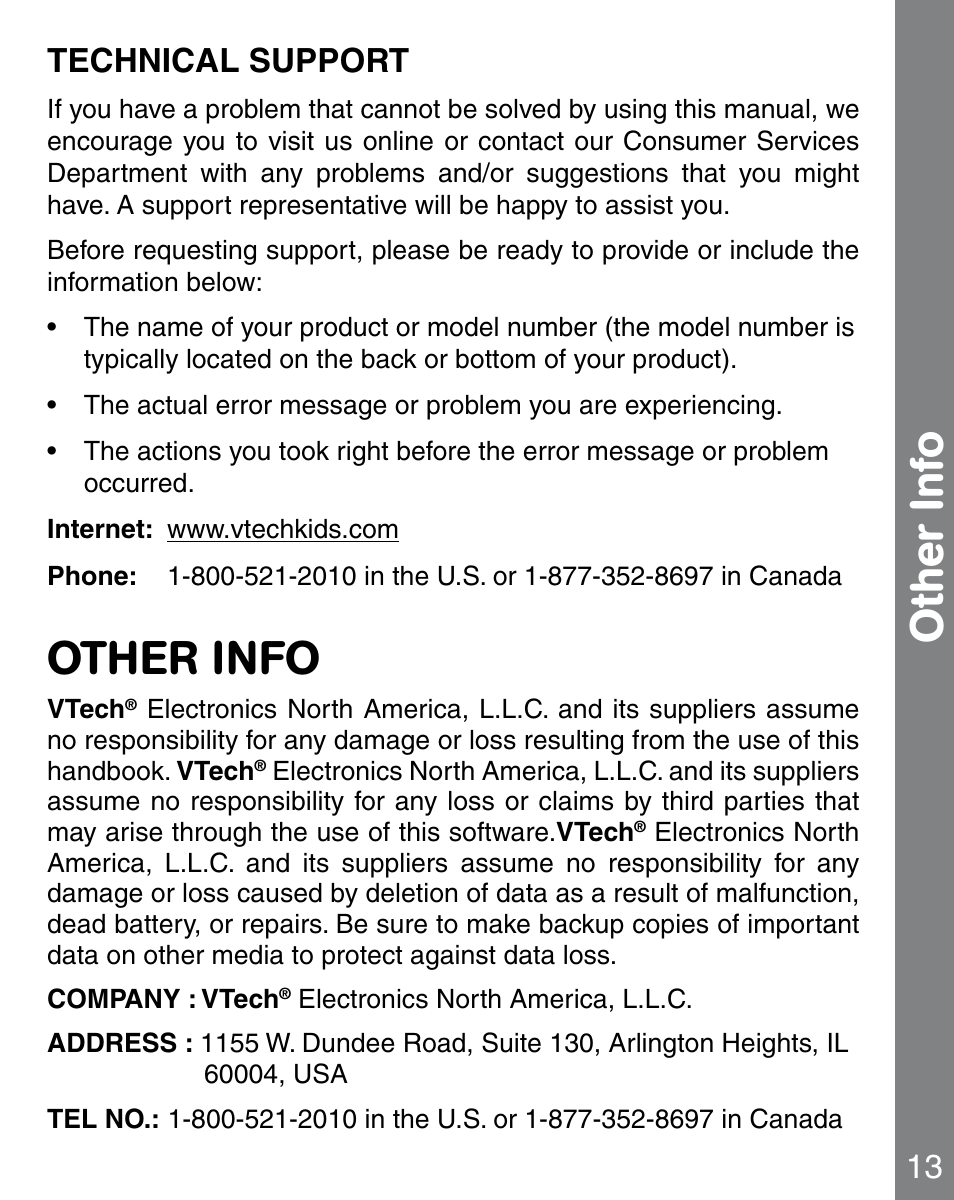 Other info, 13 technical support | VTech 91-02241-000 User Manual | Page 14 / 15