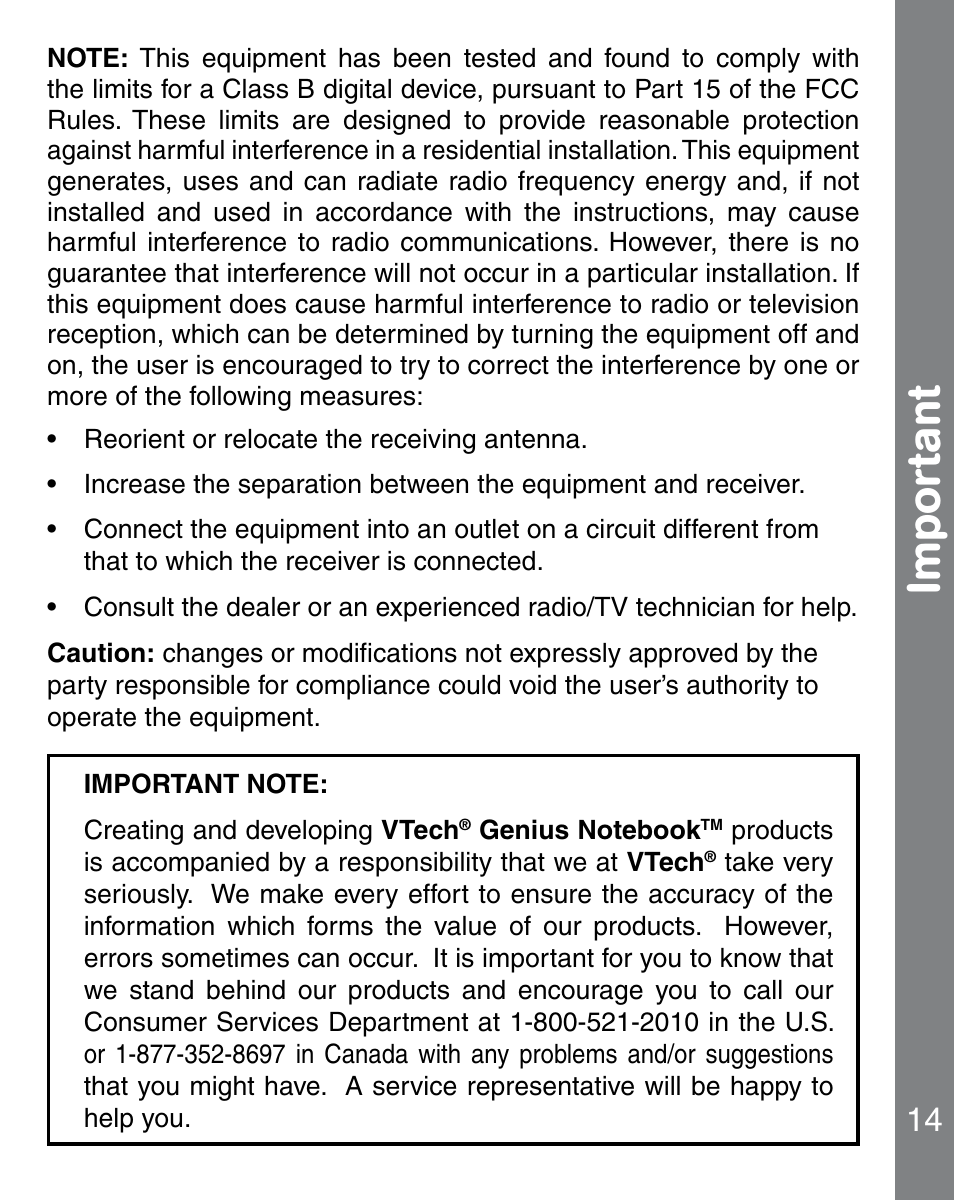 Impor tant | VTech 91-02241-000 User Manual | Page 15 / 15