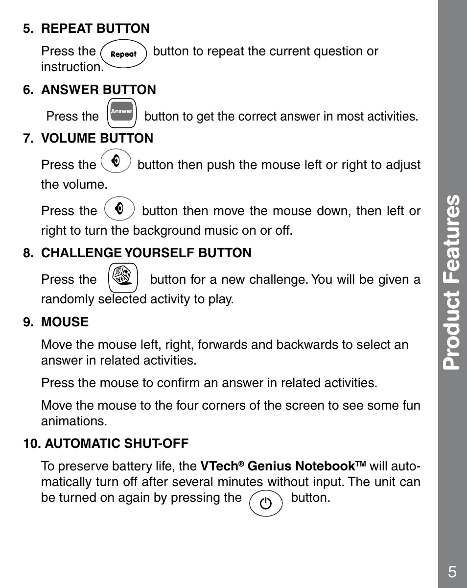Pr oduct f eatur es | VTech 91-02241-000 User Manual | Page 6 / 15