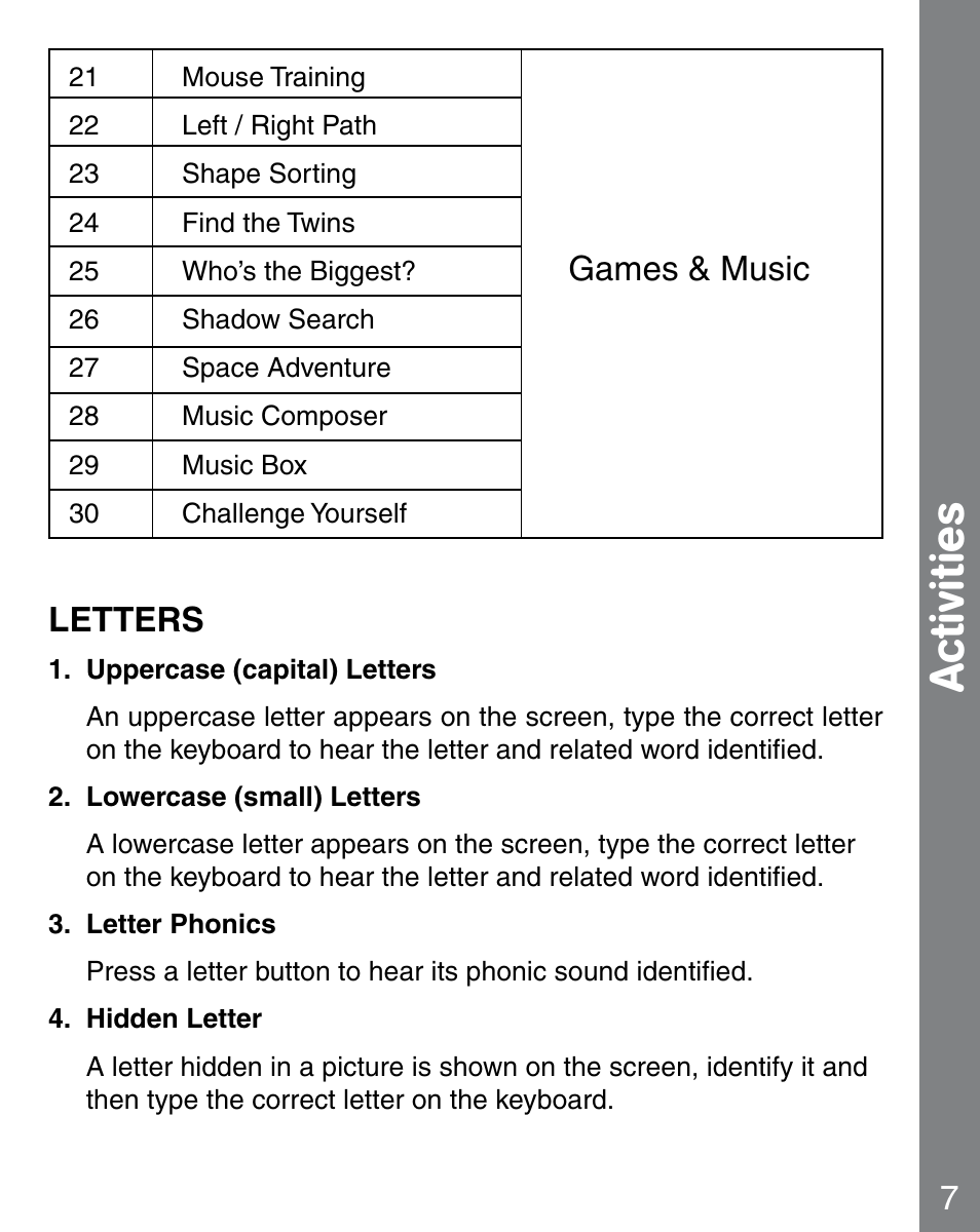 Activities, Games & music, Letters | VTech 91-02241-000 User Manual | Page 8 / 15