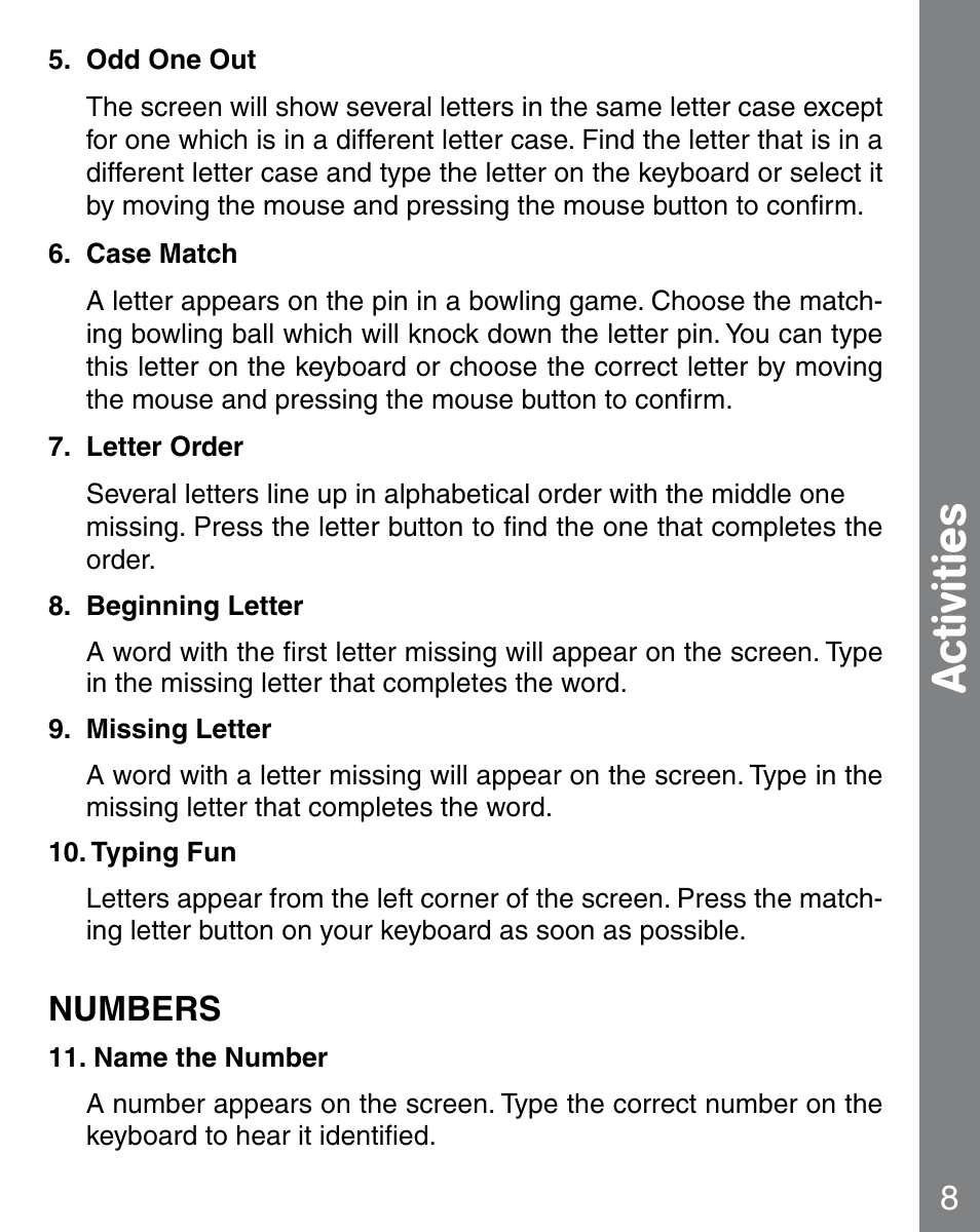 Activities, Numbers | VTech 91-02241-000 User Manual | Page 9 / 15