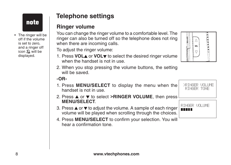 Telephone settings rnger volume, Telephone settings, Ringer volume | VTech DS6111 User Manual | Page 12 / 56