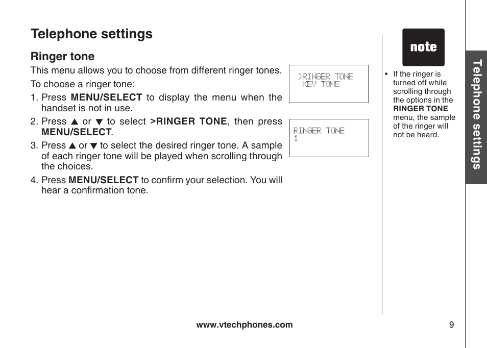 Rnger tone, Telephone settings, Te le ph on e s ett in gs | Ringer tone | VTech DS6111 User Manual | Page 13 / 56