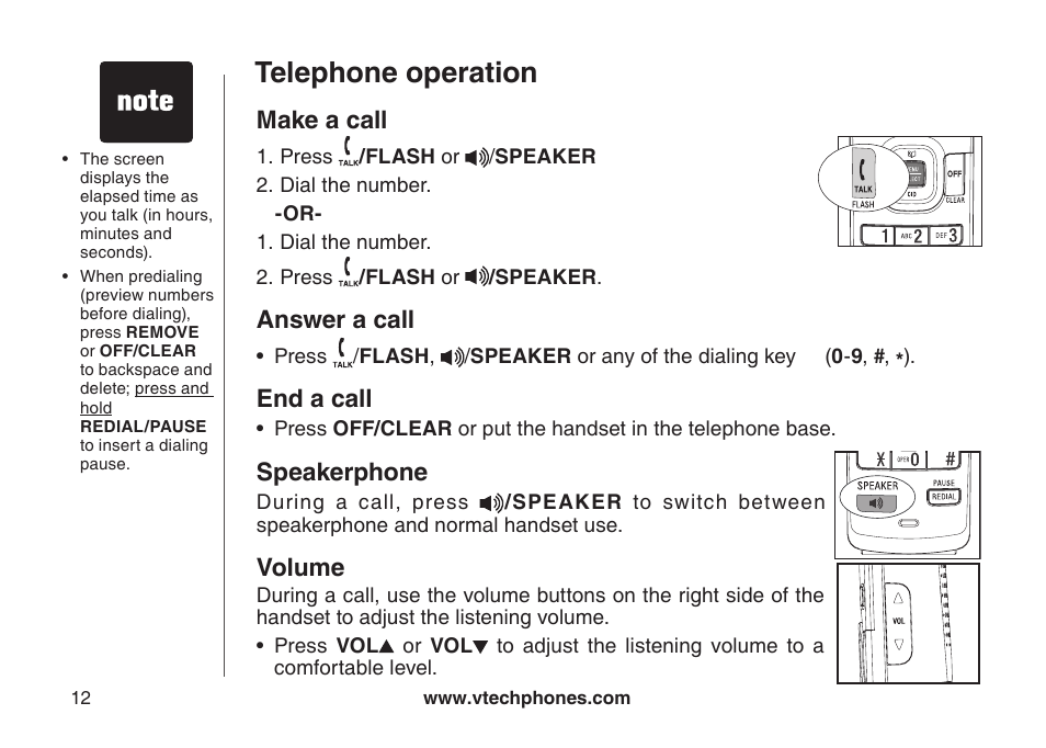 Telephone operation, Make a call, Answer a call | End a call, Speakerphone, Volume | VTech DS6111 User Manual | Page 16 / 56