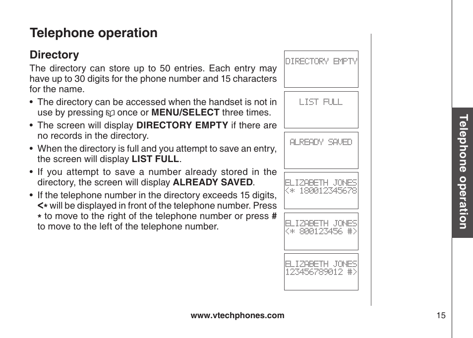 Drectory, Telephone operation | VTech DS6111 User Manual | Page 19 / 56