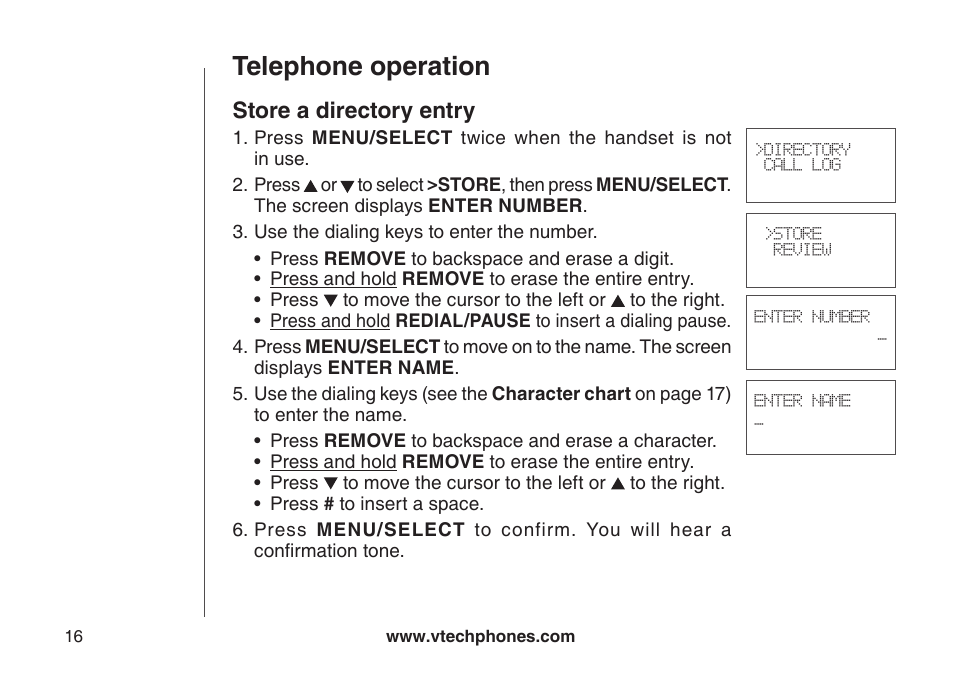 Store a drectory entry, Telephone operation, Store a directory entry | VTech DS6111 User Manual | Page 20 / 56