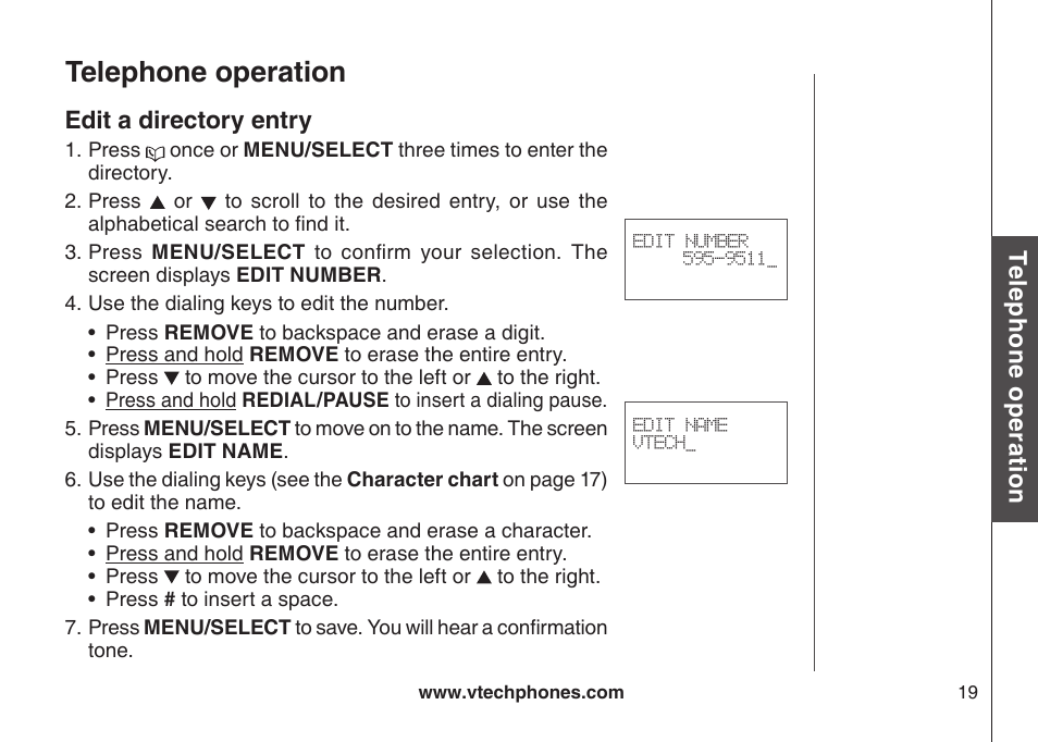 Edt a drectory entry, Telephone operation | VTech DS6111 User Manual | Page 23 / 56