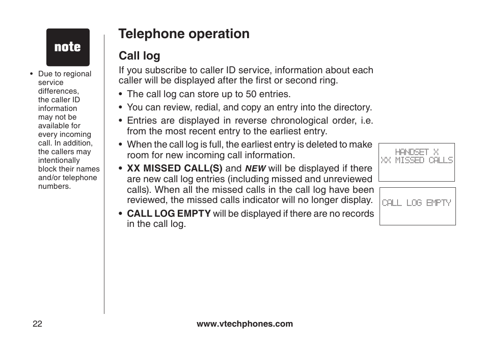 Call log, Telephone operation | VTech DS6111 User Manual | Page 26 / 56