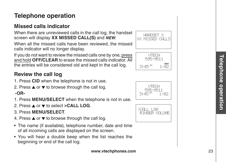 Revew the call log, Telephone operation, Te le ph on e o pe ra tio n | Missed calls indicator, Review the call log | VTech DS6111 User Manual | Page 27 / 56