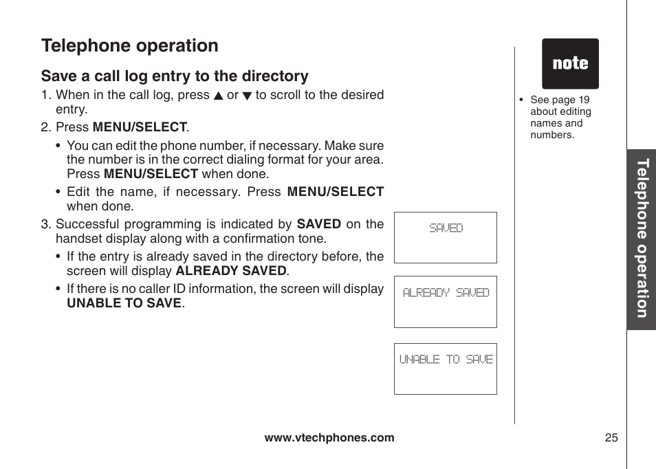 Save a call log entry to the drectory, Telephone operation | VTech DS6111 User Manual | Page 29 / 56