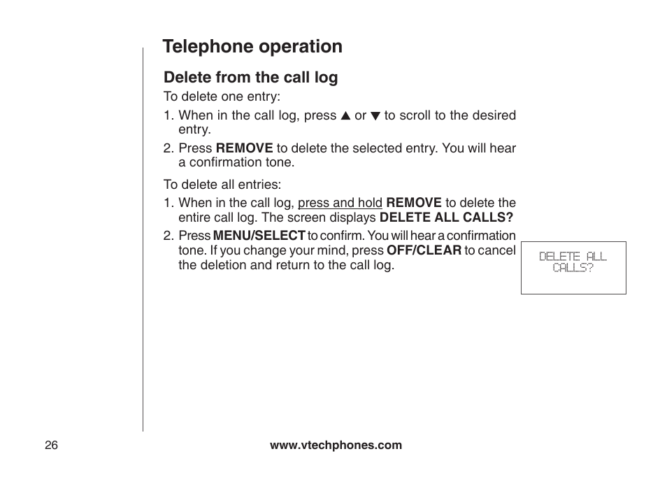 Delete from the call log, Telephone operation | VTech DS6111 User Manual | Page 30 / 56