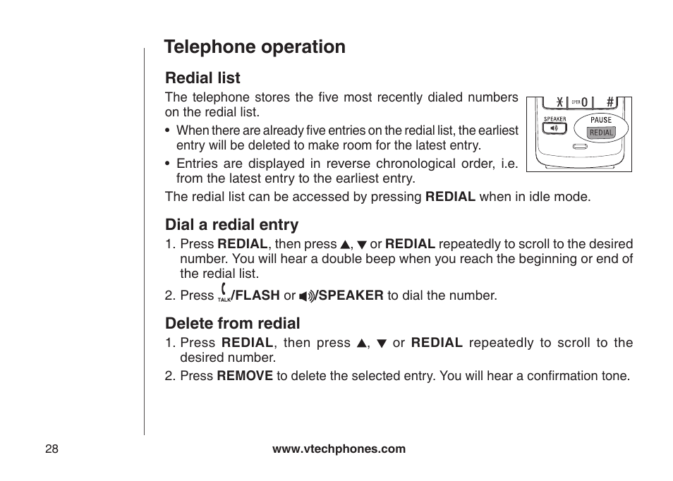 Redal lst, Dal a redal entry, Delete from redal | Telephone operation | VTech DS6111 User Manual | Page 32 / 56