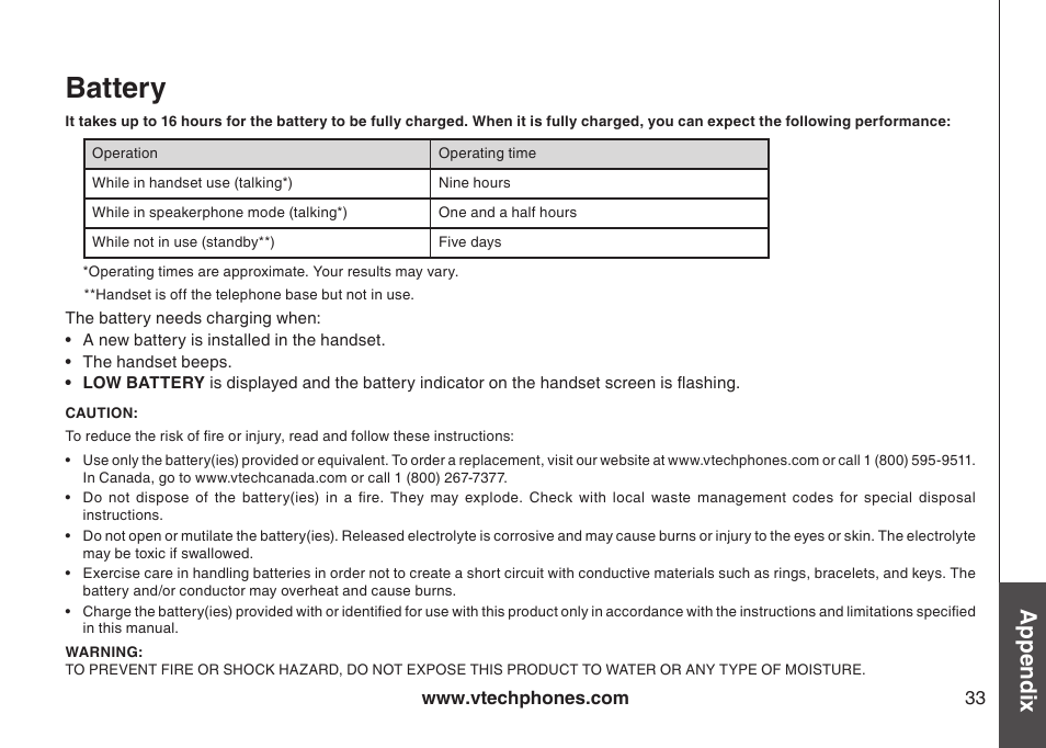 Battery, Appendix | VTech DS6111 User Manual | Page 37 / 56