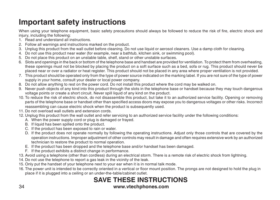 Important safety nstructons, Important safety instructions, Save these instructions | VTech DS6111 User Manual | Page 38 / 56