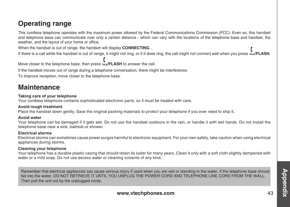 Operatng range, Mantenance, Operating range | Maintenance, Appendix | VTech DS6111 User Manual | Page 47 / 56