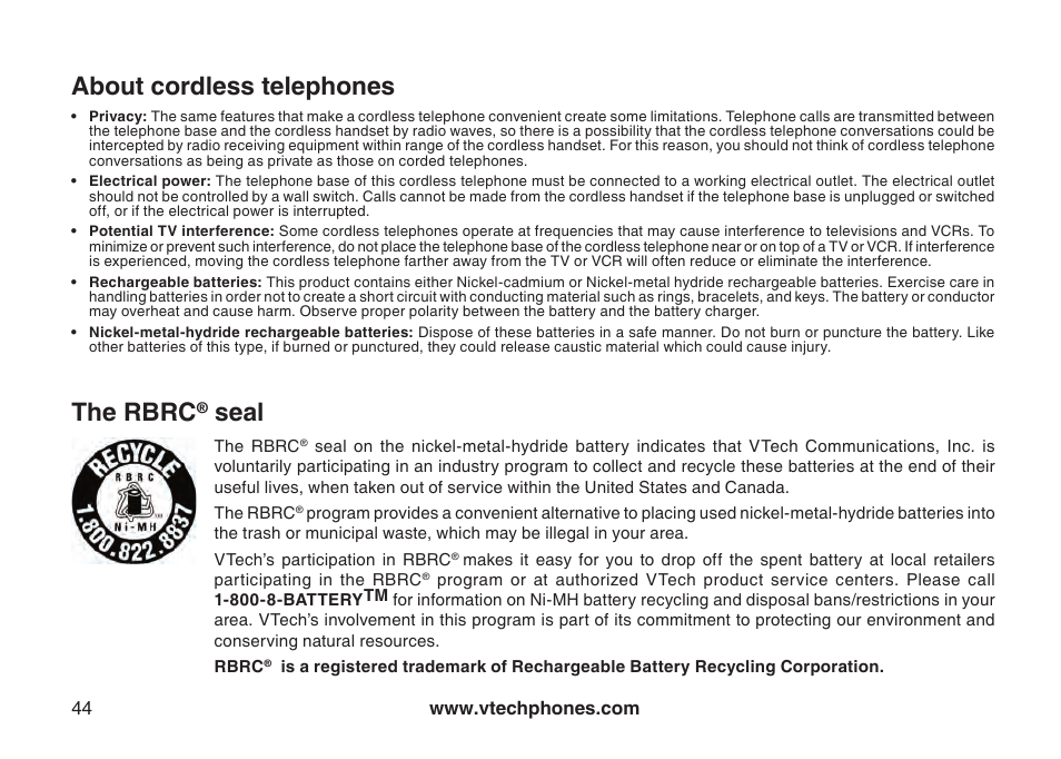About cordless telephones, The rbrc, Seal | VTech DS6111 User Manual | Page 48 / 56