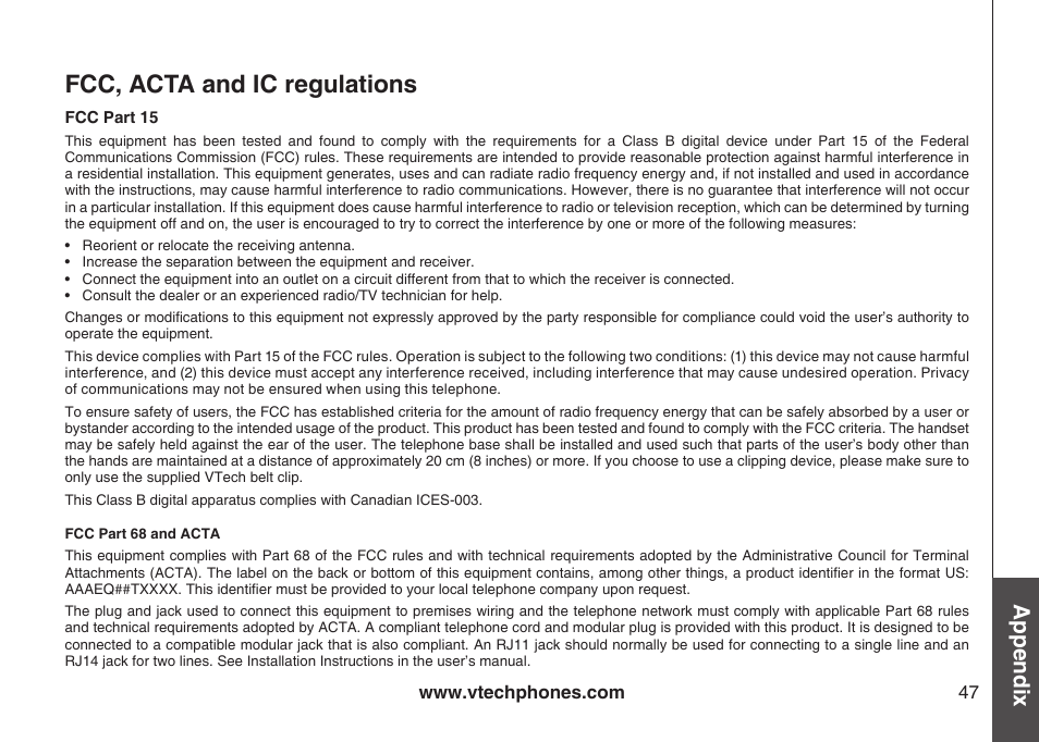 Fcc, acta and ic regulatons, Fcc, acta and ic regulations, Appendix | VTech DS6111 User Manual | Page 51 / 56