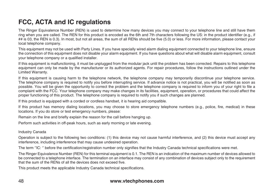 Fcc, acta and ic regulations | VTech DS6111 User Manual | Page 52 / 56