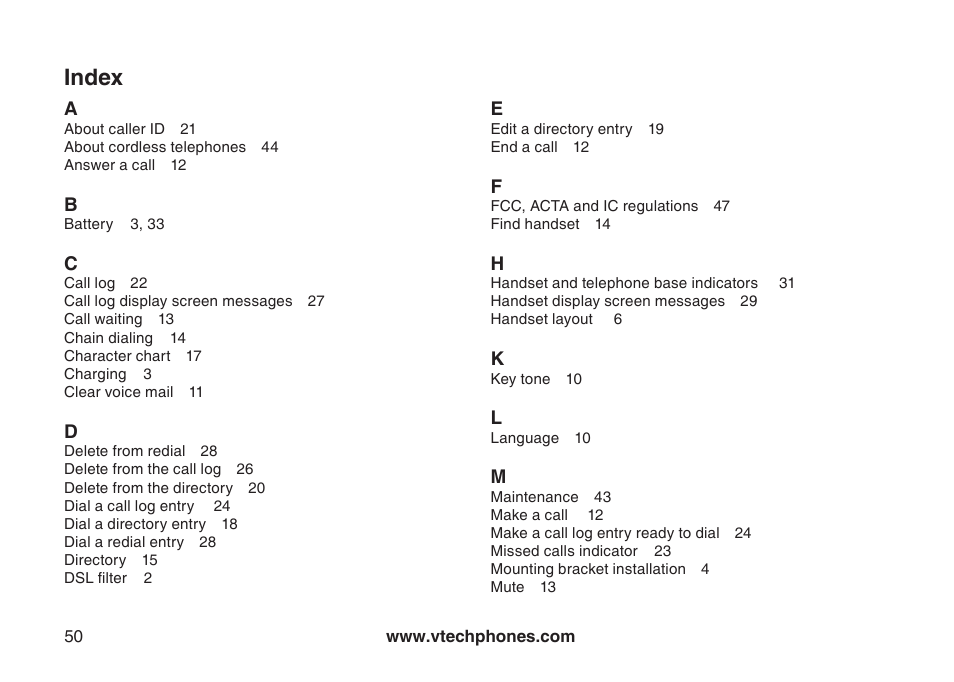 Index | VTech DS6111 User Manual | Page 54 / 56