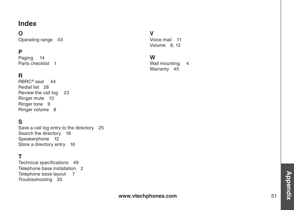 Index, Appendix | VTech DS6111 User Manual | Page 55 / 56