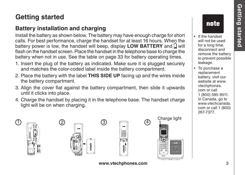 Battery nstallaton and chargng, Getting started, Gett in g s ta rte d | Battery installation and charging | VTech DS6111 User Manual | Page 7 / 56