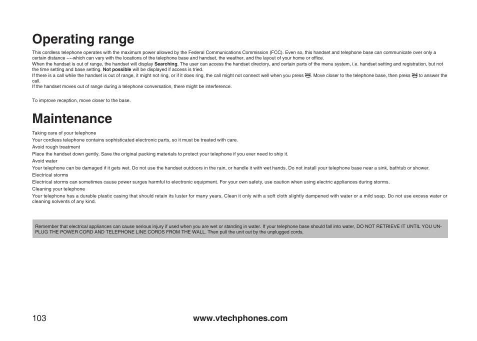 Operating range, Maintenance | VTech IP8300 User Manual | Page 108 / 118
