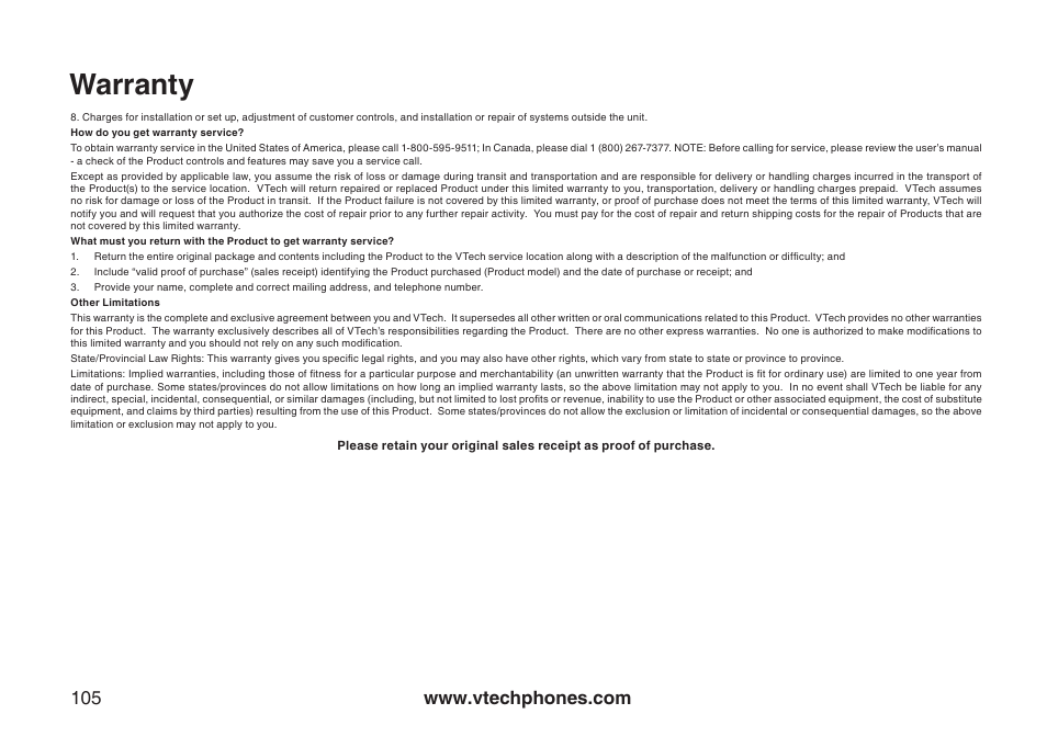 Warranty | VTech IP8300 User Manual | Page 110 / 118