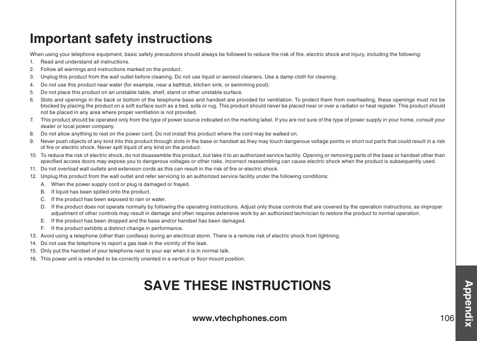 Important safety instructions, Save these instructions, Appendix | VTech IP8300 User Manual | Page 111 / 118