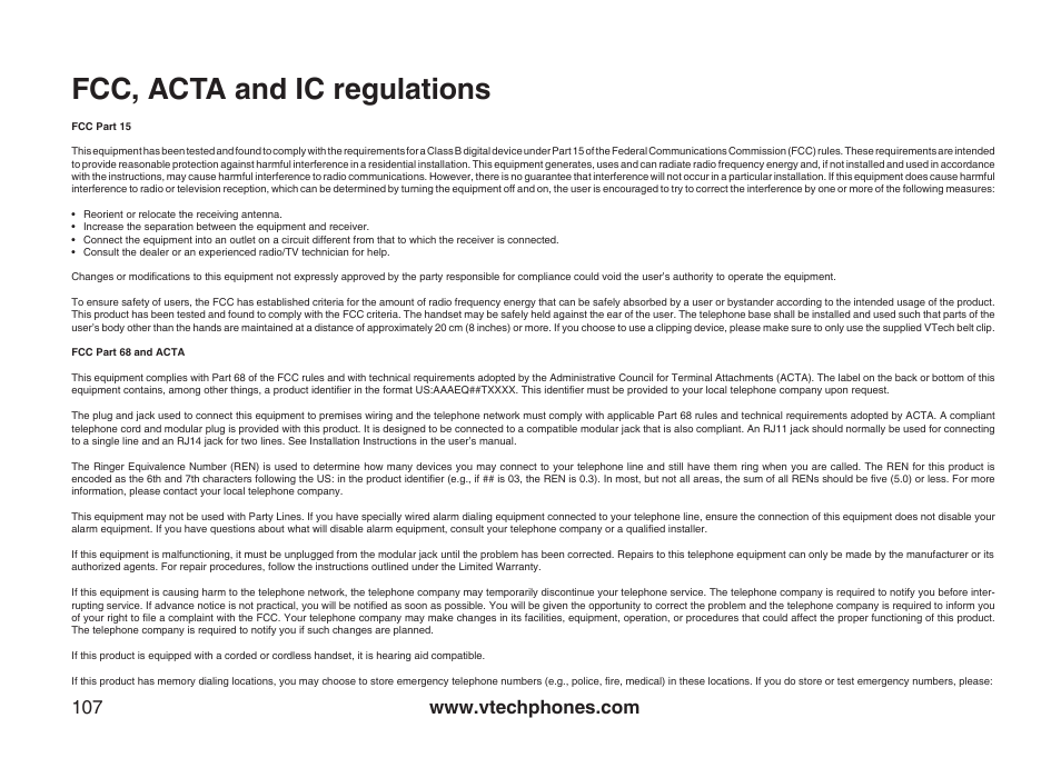 Fcc, acta and ic regulations | VTech IP8300 User Manual | Page 112 / 118