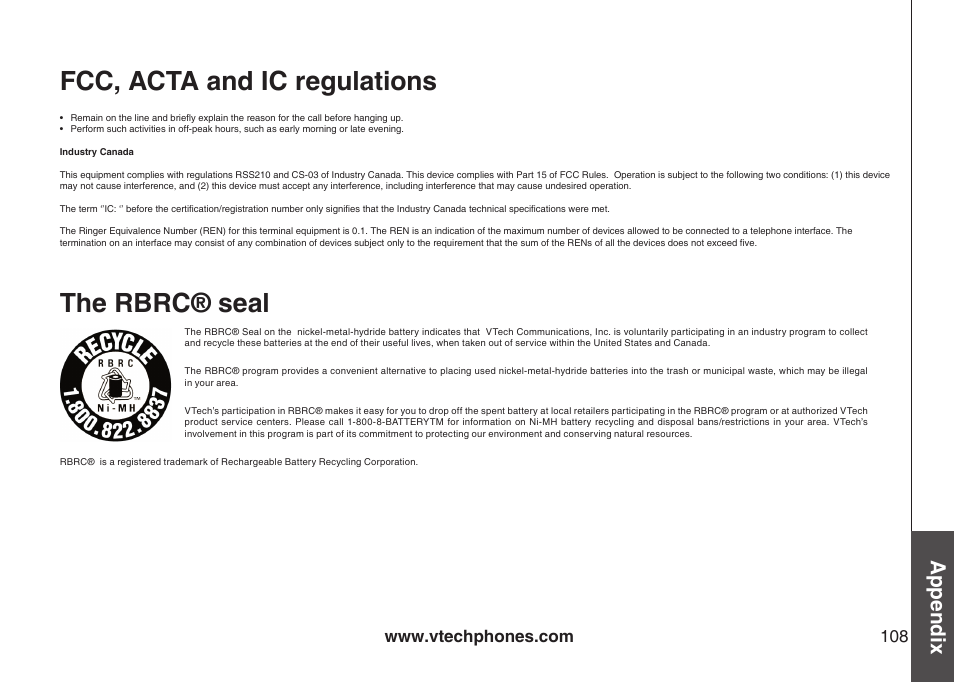 Fcc, acta and ic regulations, The rbrc® seal, Appendix | VTech IP8300 User Manual | Page 113 / 118