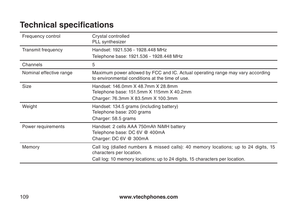 Technical specifications | VTech IP8300 User Manual | Page 114 / 118