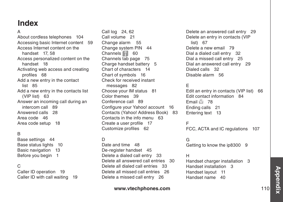 Index, Appendix | VTech IP8300 User Manual | Page 115 / 118